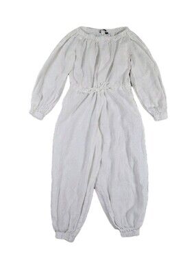 White 100% Linen Jumpsuit Off Shoulder Long Puff Sleeves Jogger Pants Neutral